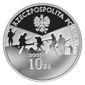 Srebrna moneta okolicznościowa; awers – 60. rocznica zakończenia II wojny światowej