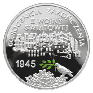 Srebrna moneta okolicznościowa; rewers – 60. rocznica zakończenia II wojny światowej