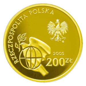 Złota moneta kolekcjonerska; awers – 60. rocznica zakończenia II wojny światowej