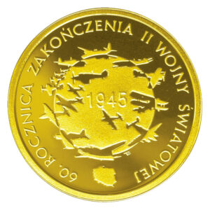 Złota moneta kolekcjonerska; rewers – 60. rocznica zakończenia II wojny światowej