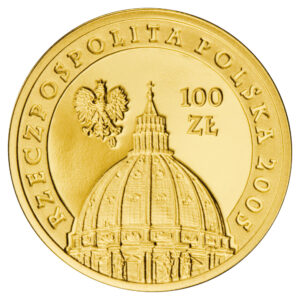 Złota moneta kolekcjonerska; awers – Papież Jan Paweł II
