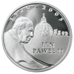 Srebrna moneta okolicznościowa; rewers – Papież Jan Paweł II