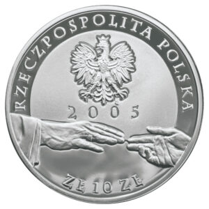 Srebrna moneta okolicznościowa; awers – Papież Jan Paweł II