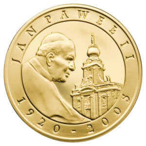 Złota moneta kolekcjonerska; rewers – Papież Jan Paweł II
