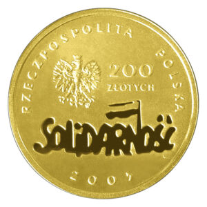 Złota moneta kolekcjonerska; awers – 25-lecie NSZZ „Solidarność”