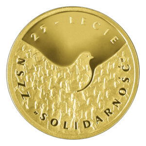 Złota moneta kolekcjonerska; rewers – 25-lecie NSZZ „Solidarność”
