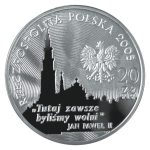 Srebrna moneta okolicznościowa; awers – 350-lecie obrony Jasnej Góry