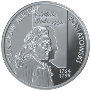 Srebrna moneta okolicznościowa; rewers – Poczet królów i książąt polskich: Stanisław August Poniatowski (1764-1795)