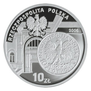 Srebrna moneta okolicznościowa; awers – Dzieje złotego: 10 zł z 1932 r.