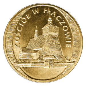 Moneta Nordic Gold; rewers – Zabytki kultury materialnej w Polsce: Kościół w Haczowie