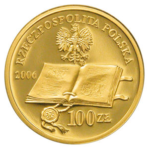 Złota moneta kolekcjonerska; awers – 500-lecie wydania Statutu Łaskiego