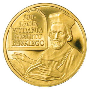 Złota moneta kolekcjonerska; rewers – 500-lecie wydania Statutu Łaskiego