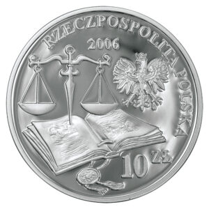 Srebrna moneta okolicznościowa; awers – 500-lecie wydania Statutu Łaskiego
