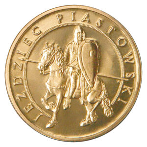 Moneta Nordic Gold; rewers – Historia Jazdy Polskiej: Jeździec piastowski
