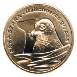 Moneta Nordic Gold; rewers – Zwierzęta świata: Foka szara (łac. Halichoerus grypus)