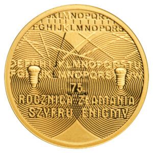 Złota moneta kolekcjonerska; rewers – 75. rocznica złamania szyfru Enigmy
