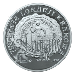 Srebrna moneta okolicznościowa; rewers – 750-lecie lokacji Krakowa