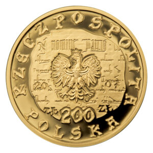 Złota moneta kolekcjonerska; awers – 750-lecie lokacji Krakowa