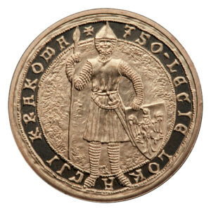 Moneta Nordic Gold; rewers – 750-lecie lokacji Krakowa