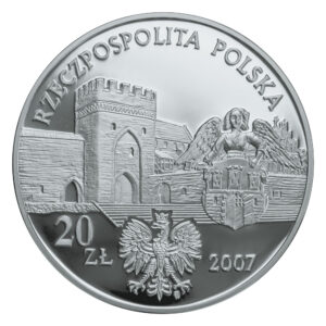 Srebrna moneta okolicznościowa; awers – Zabytki kultury materialnej w Polsce: Miasto średniowieczne w Toruniu