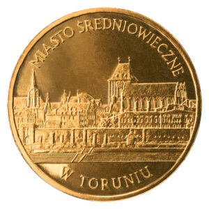 Moneta Nordic Gold; rewers – Zabytki kultury materialnej w Polsce: Miasto średniowieczne w Toruniu