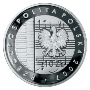 Srebrna moneta okolicznościowa; awers – 125. rocznica urodzin Karola Szymanowskiego (1882-1937)