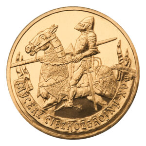 Moneta Nordic Gold; rewers – Historia Jazdy Polskiej: Rycerz ciężkozbrojny XV w.