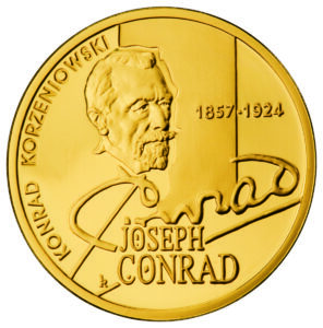 Złota moneta kolekcjonerska; rewers – Konrad Korzeniowski/Joseph Conrad (1857-1924)