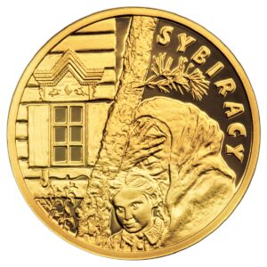 Złota moneta kolekcjonerska; rewers – Sybiracy
