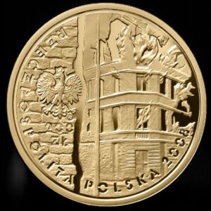 Złota moneta kolekcjonerska; awers – 65. rocznica powstania w getcie warszawskim