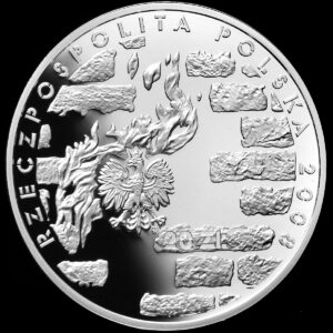 Srebrna moneta okolicznościowa; awers – 65. rocznica powstania w getcie warszawskim