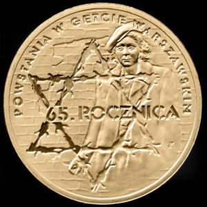 Moneta Nordic Gold; rewers – 65. rocznica powstania w getcie warszawskim