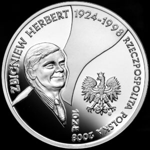 Srebrna moneta okolicznościowa; rewers – Zbigniew Herbert (1924-1998)