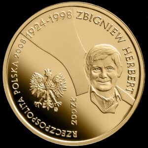 Złota moneta kolekcjonerska; awers – Zbigniew Herbert (1924-1998)