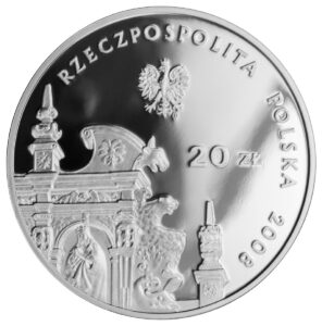 Srebrna moneta okolicznościowa; awers – Zabytki kultury materialnej w Polsce: Kazimierz Dolny