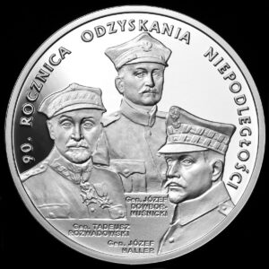 Srebrna moneta okolicznościowa; rewers – 90. rocznica odzyskania niepodległości
