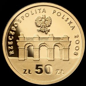 Złota moneta kolekcjonerska; awers – 90. rocznica odzyskania niepodległości