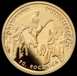 Złota moneta kolekcjonerska; rewers – 90. rocznica odzyskania niepodległości