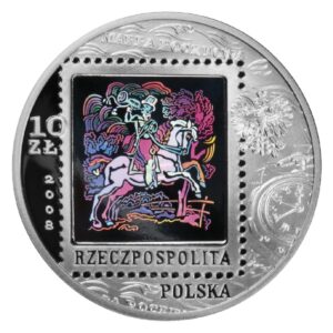 Złota moneta kolekcjonerska; awers – 450 lat Poczty Polskiej