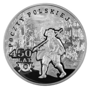 Srebrna moneta okolicznościowa; rewers – 450 lat Poczty Polskiej