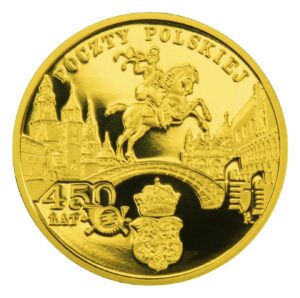 Złota moneta kolekcjonerska; rewers – 450 lat Poczty Polskiej