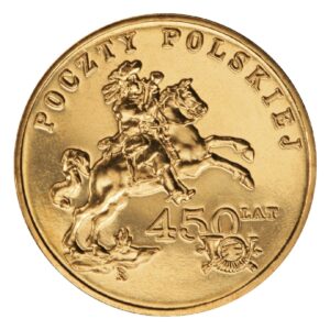 Moneta Nordic Gold; rewers – 450 lat Poczty Polskiej
