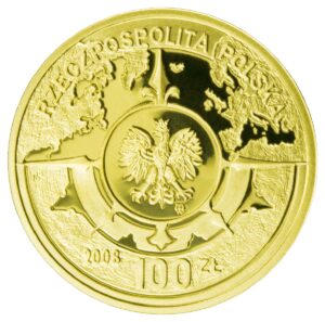 Złota moneta kolekcjonerska; awers – 400. rocznica polskiego osadnictwa w Ameryce Północnej