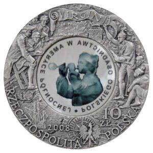 Srebrna moneta okolicznościowa; awers – 400. rocznica polskiego osadnictwa w Ameryce Północnej