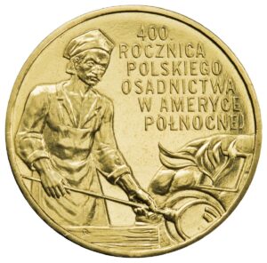 Moneta Nordic Gold; rewers – 400. rocznica polskiego osadnictwa w Ameryce Północnej