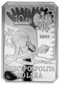 Srebrna moneta okolicznościowa; awers – Historia Jazdy Polskiej: Husarz XVII wiek