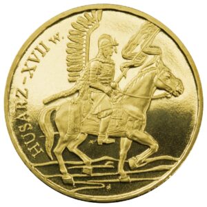 Moneta Nordic Gold; rewers – Historia Jazdy Polskiej: Husarz XVII wiek
