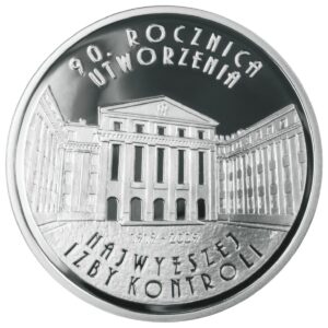 Srebrna moneta okolicznościowa; rewers – 90. rocznica utworzenia Najwyższej Izby Kontroli