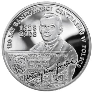 Srebrna moneta okolicznościowa; rewers – 180 lat bankowości centralnej w Polsce