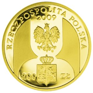 Złota moneta kolekcjonerska; awers – 180 lat bankowości centralnej w Polsce